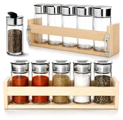 Produktbild von ® 12-teiliges Gewürzstreuer Set - Gewürzgläser mit Deckel im Holzregal - Salz und Pfeffer Streuer für Küche und Aufbewahrung im modernen Design (12-teilig - Streuer/Regal)