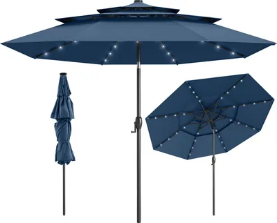 A navy blue patio umbrella with LED solar lights and a crank, shown in three different views: fully open, folded, and partially open from a top-down perspective.