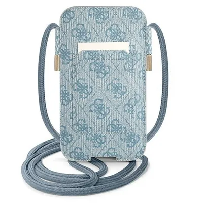 A light blue phone case with a repeating Guess logo pattern and a blue cord.