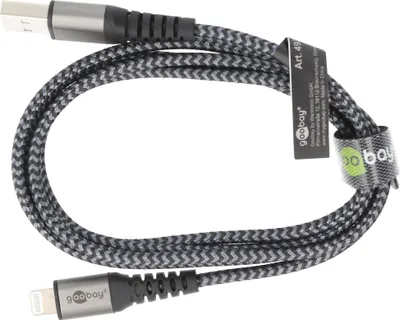 Imagen del producto de Cable USB-A a Lightning con conectores metálicos, cable de conexión extra resistente para Apple iPhone, iPad, iPod, AirPod, con protección reforzada contra dobleces, 1 metro