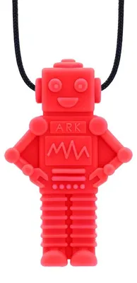 Obrázok produktu pre Ark Therapeutics Kaukette: senzorická hračka v červenej farbe pre deti. Hryzacia hračka v tvare robota s bohatou textúrou, určená pre deti s citlivými zmyslami.