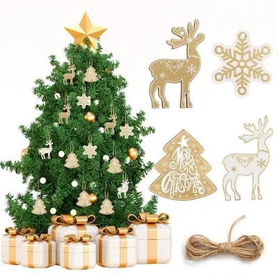 Produktbild von Unyqoos® 24er Set Holz-Christbaumschmuck – 4 Motive (u. a. Hirsch, Schneeflocke, Tanne), Gold‑Weiß, je 6 Stück, inkl. 2 m Aufhängekordel, laser-geschnitten
