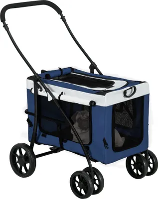 Produktbild von PawHut 2 in 1 Hundebuggy Haustierwagen Hundetrolley mit abnehmbarem Korb, 2 Sicherheitsleinen Klappbarer Katzenwagen für kleine und Miniaturhunde, Oxford, Blau