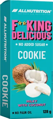 Produktbild von ALLNUTRITION F**king Delicious Cookie 128 g - 150 g * milchig mit Kokosnuss / Energieriegel / Unwiderstehlich leckere Kekse ohne Zuckerzusatz und Palml