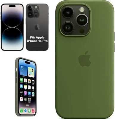 A collage of an iPhone 14 Pro and its olive green silicone case.