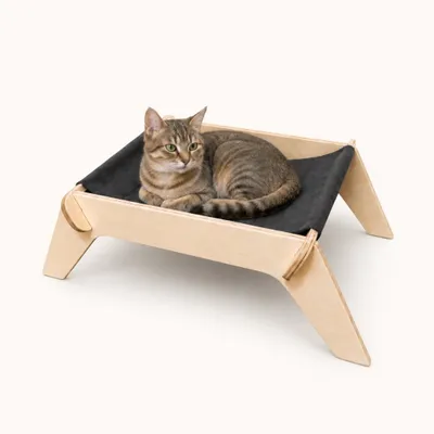Image de Lit pour chat surélevé en bois avec hamac en coton lavable - Couchage pour chat, taille M 59,5 x 34,5 x 19 cm - Gris foncé