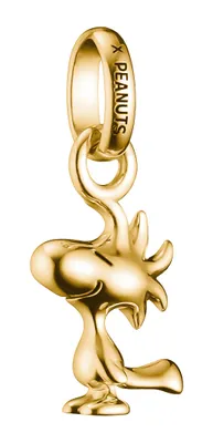 A gold charm of the character Woodstock from Peanuts.