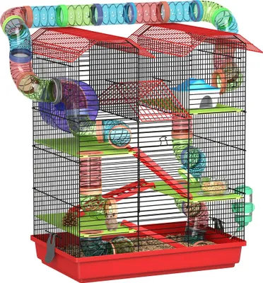Image de PawHut Cage pour Hamster Souris Petit Animaux Rongeur avec Tunnel Mangeoire Roue Jouet 47 x 30 x 59 cm Rouge