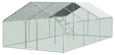 Obrázek produktu pro Volierový výběh pro slepice, 3x6x2 metry, s bezpečnostním zámkem, vodotěsná PE fólie, kovová konstrukce, vhodný pro slepice, králíky a další drobné zvířata. Barva: stříbrná