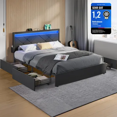 Obrázek produktu pro Rám postele VASAGLE, kovová postel, s LED osvětlením, 4 zásuvky, nabíjecí stanice