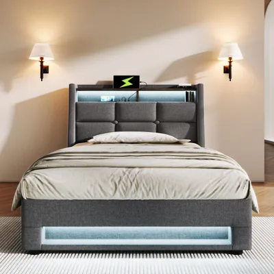 Produktbild von Polsterbett 90x200cm Mit USB Ohne Matratze LED Einzelbett Mit Lattenrost Aus Metallrahmen Bettgestell Aus Leinenmaterial Jugendbett