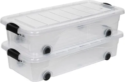 Two transparent storage boxes stacked on top of each other, with black handles and wheels.