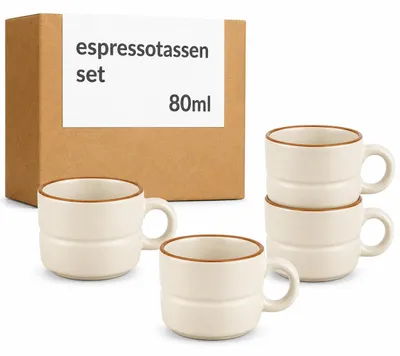 Produktbild von Cosumy Espressotassen Set 4er Beige – Espresso Tassen Set aus Keramik mit Henkel 80ml – stapelbar horizontal Rillenoptik – Mokkatassen 4er Set