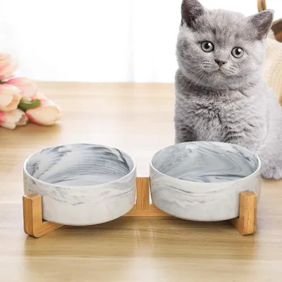 Produktbild von Doppelnapf Keramik, 2 x 400 ml, 12,8 cm, erhöht, rutschfest, für Katzen und kleine Hunde
