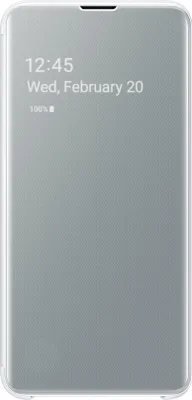 A smartphone with a flip cover showing the time and date.