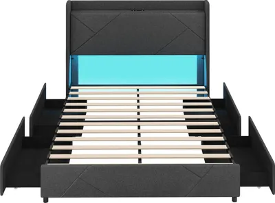 Obrázek produktu pro Čalouněná manželská postel, rám postele s roštem LED, s nabíjecí stanicí USB, 4 výklopné zásuvky, čelo postele s úložným prostorem, 223 x 167 x 122 cm, šedá barva