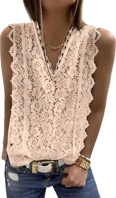 Image de ASKSA Chemise Femme Sans Manches Dentelle T-Shirt Elégant Col en V Chemise Eté Hauts Tuniques Tops , Abricot, XL