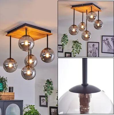 Produktbild von Isorella Deckenlampe aus Metall/Holz/Glas in Schwarz/Natur/Rauchfarben