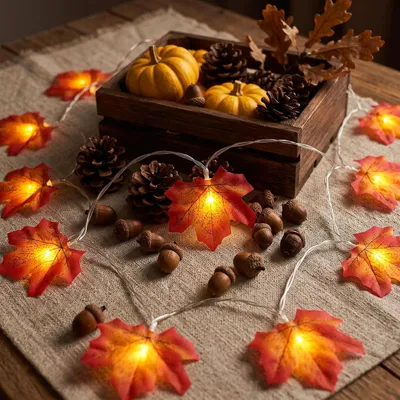 Immagine prodotto di Catena luminosa a forma di foglia d'acero con timer, 3 metri, 20 LED, tema autunnale, ideale per Halloween, interni, feste, matrimoni