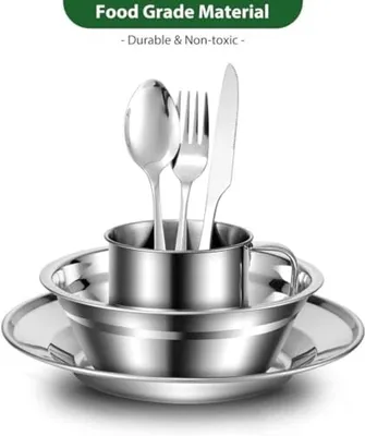 Produktbild von PromoHome® Camping Essgeschirr Set für 4 Personen - Edelstahl Picknick Ausrüstung mit Tellern und Besteck