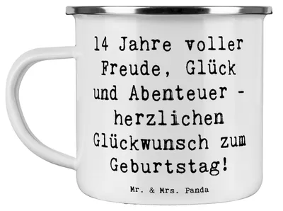 Produktbild von Mr. & Mrs. Panda Emaille Becher Spruch 14. Geburtstag Freude - Weiß - Geschenk, Junge, Abenteuer, Pott, Happy Birthday, Teenager, Liebe, Blechtasse, Tasse, Teetasse