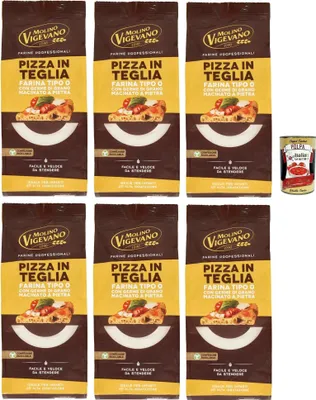 Produktbild von Molino Vigevano Farine Professionali Pizza in Teglia, Mehltyp "0" für Pizzen in der Pfanne, Professionelle Mehl 6x 500 g + Italian Gourmet polpa 400g