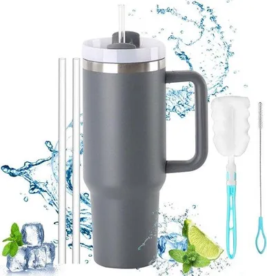 Produktbild von Famanu Thermobecher mit Strohhalm und Griff - 1200 ml, doppelwandig, Edelstahl