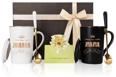 Immagine prodotto di Set di tazze "Mamma" e "Papà", ideale come regalo. Tazze in Vetroceramica da 400 ml, con coperchio e cucchiaino, confezionate in una scatola regalo