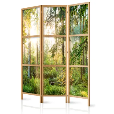 Produktbild von Paravent 135x171 cm 3-teilig einseitig eleganter Sichtschutz Raumteiler Trennwand Raumtrenner Holz Design Motiv Deko Home Office  Wald Botanik Abstrakt Natur c-C-0032-bh-d