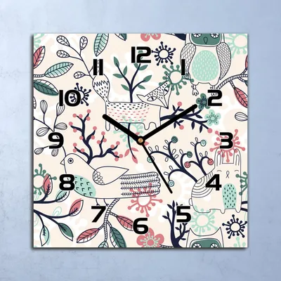 Produktbild von Wanduhr Echt-Glas-Küchenuhr Wald Eule Fuchs Vögel Tiere Quarz 30x30 Deko Bilder