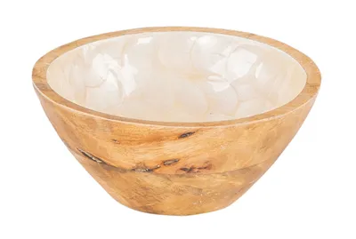 Produktbild von Schüssel 15cm Mango Holz Creme Perlmutt Emaille Schale Bowl Salatschüssel Deko