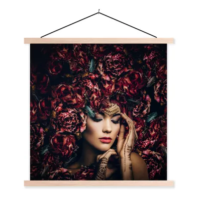 Produktbild von MuchoWow® Textilposter Frau - Blumen - Henna - Porträt 40x40 cm mit holzfarbenen Rahmen - Posterleiste