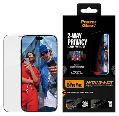 Obrázek produktu pro PanzerGlass ® 2-Way Privacy Screen Protector iPhone 18 Pro Max | Ultra-Wide Fit w. FASTFIT IN-A-BOX, Apple - iPhone 18 Pro Max, Aplikace nasucho, Odolné proti poškrábání, Odolný proti nárazům, Průhledná, 1 kusů