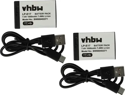 Produktbild von vhbw 2x Akku kompatibel mit Canon EOS 750D, 8000D, 850D, 800D, 200D, 250D, 760D, 77D, Kiss X10 Kamera (1000 mAh, 7,4 V, Li-Ion), USB-C Buchse