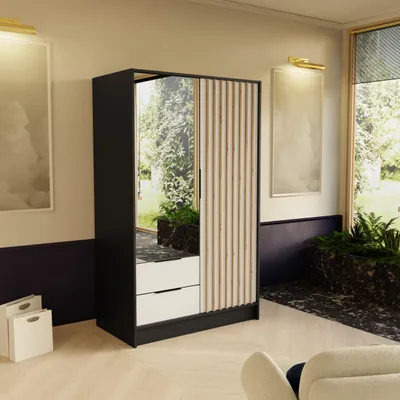 Produktbild von Masseno Drehtürenschrank PELOR 102/200/51 cm Modern Kleiderschrank 2-türig mit Spiegel Schwarz