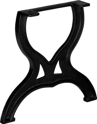 A black cast iron table leg with an X-frame design.