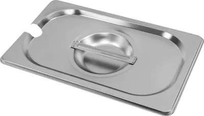 Zdjęcie produktu dla Pokrywka do pojemników GN ze stali nierdzewnej Mega-M, odpowiednia do pojemników GN 1/4, z wycięciem na chochlę, 265x162 mm