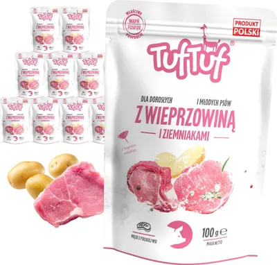 Image de TufTuf nourriture humide pour chiens, porc et pommes de terre, 10 x 100 g sachets