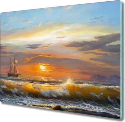 Produktbild von Coloray Hackbrett Kochplattenabdeckung Herdabdeckplatte 60x52 cm Schneidebrett Küchenbrett - Coast Sonnenuntergang Wellen