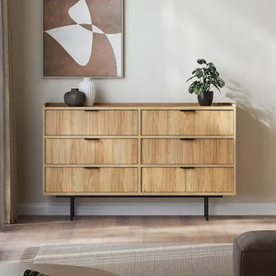 Image de BEAUTYSOFA | Commode EVRON 150 cm, buffet à 6 tiroirs, meubles de salon en hickory naturel