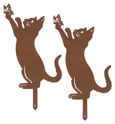 Produktbild von Maximex Gartenstecker Katze und Schmetterling, 2er Set, wetterfeste Gartendeko, Metall mit Edelrost-Patina, für Garten, Terrasse und Balkon, 29,5 x 53 cm