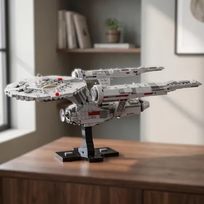 Produktbild von Trek Enterprise USS inspiriertes Sci-Fi Raumschiff MOC – 729 Teile – „Klassisches Sternenflotten-Raumschiff“ – Display Klemmbaustein Set