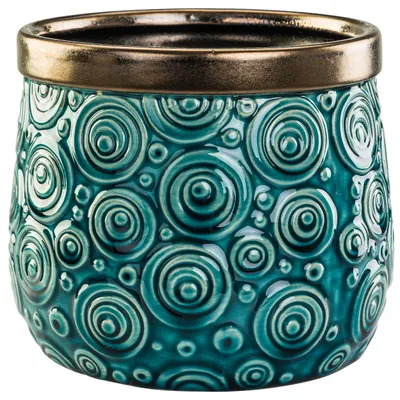 A ceramic pot with a textured, swirling pattern and a metallic gold rim.