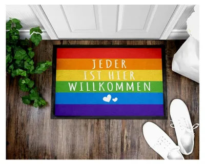Produktbild von Regenbogen Fußmatte mit Spruch - Jeder ist hier willkommen - Regenbogenfahne Pride LGBTQ - rutschfest und waschbar - 60x40cm