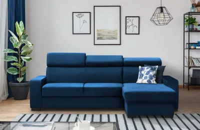 Produktbild von Ecksofa FOX II – L-Form, mit Schlaffunktion, Bettkasten und universeller Ottomane, Plüsch Marineblau