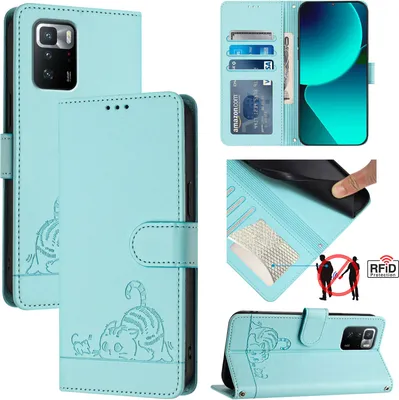 Produktbild von Leder Hülle für Xiaomi Poco X3 GT Süße Katze Flip Case Brieftasche Schutzhülle mit Standfunktion hellgrün