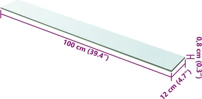 A glass shelf with dimensions indicated.