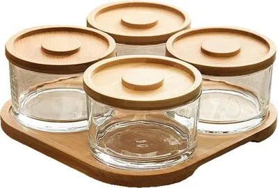 Produktbild von Bambus-Snack-Set mit 4 Gläsern und Deckeln, ideal für Saucen, Vorspeisen, Desserts und Snacks.