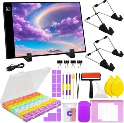 Imagen del producto de Unyqoos®: Panel de luz LED A3 para pintura con diamantes, con regulador de intensidad (3 niveles), sin parpadeo, incluye cable USB, soporte desmontable y caja de clasificación con 56 compartimentos
