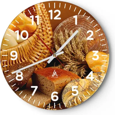 Produktbild von Wanduhr - Rund - Glasuhr - Bäckerei Brot Essen - 30x30cm - Schleichendes Uhrwerk - Lautlos - zum Aufhängen bereit - Dekoration Modern - Wanddekoration aus Glas - C4AR30x30-2309